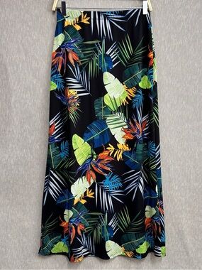 Tropical Maxi Skirt with Bold Leaf & Floral Print - Black Background